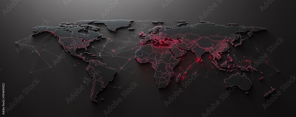 Poster digital telecommunication world map with interconnected dots and lines, pixelated design on a dark b
