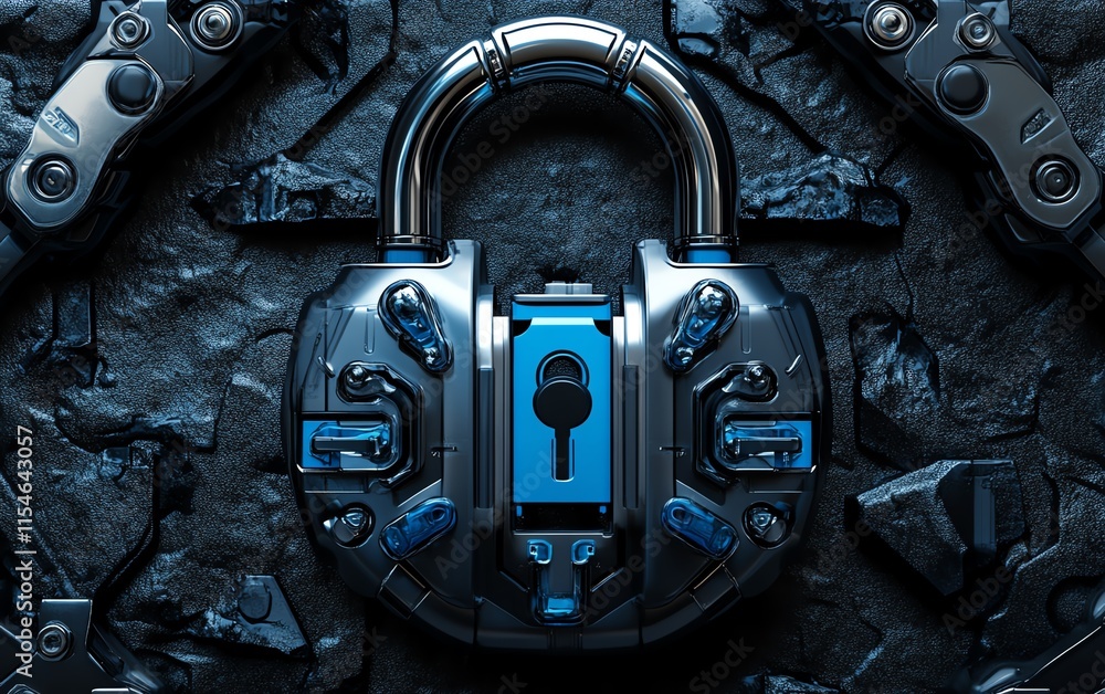 Poster digital unlock system concept with a 3drendered padlock and blue keys, cyber security theme on a dar