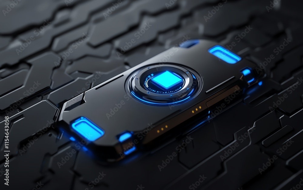 Poster digital unlock system concept with a 3drendered padlock and blue keys, cyber security theme on a dar