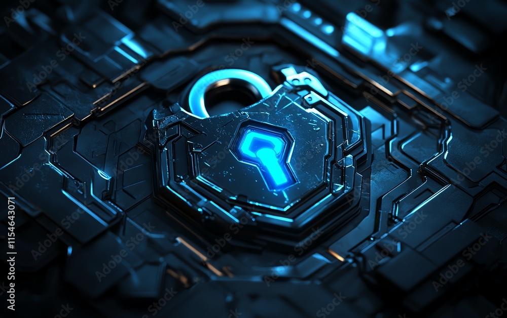 Poster digital unlock system concept with a 3drendered padlock and blue keys, cyber security theme on a dar