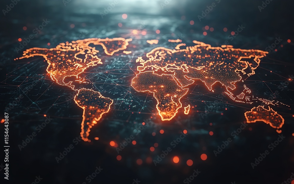 Poster digital world map with telecommunication lines and dots, pixelstyle design on a dark background, 3d 
