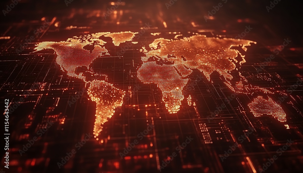 Poster hightech world map with digital dots and connecting lines, telecommunication theme on a dark backgro