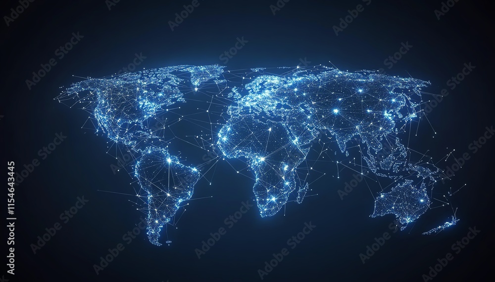 Poster hightech world map with digital dots and connecting lines, telecommunication theme on a dark backgro