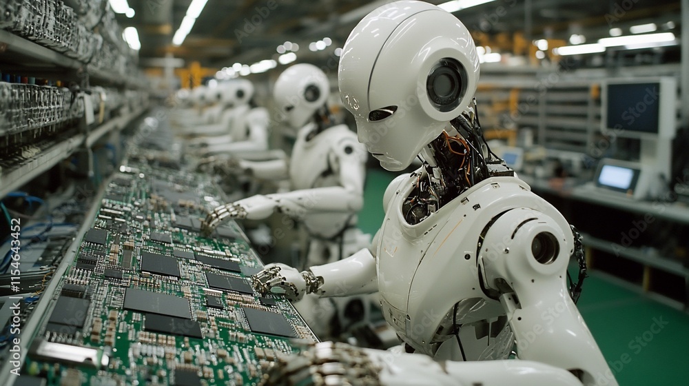 Poster robots assembling electronics in a modern industrial setting.