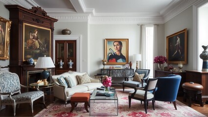 Elegant traditional living room with vintage furniture, ornate decor, classical paintings, and a warm color palette, creating a luxurious and sophisticated ambiance. Generative, AI,