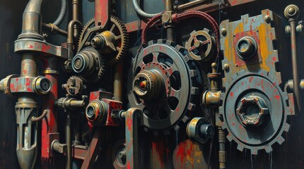 Fototapeta premium A detailed depiction of industrial machinery with gears and pipes, showcasing mechanical design.