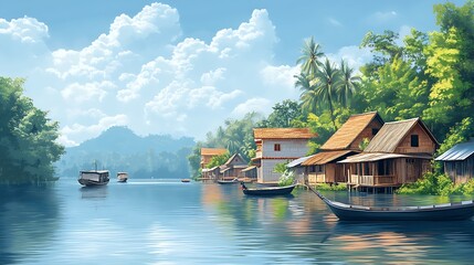 Obraz premium Tranquil Riverside Village with Boats Under a Beautiful Sky