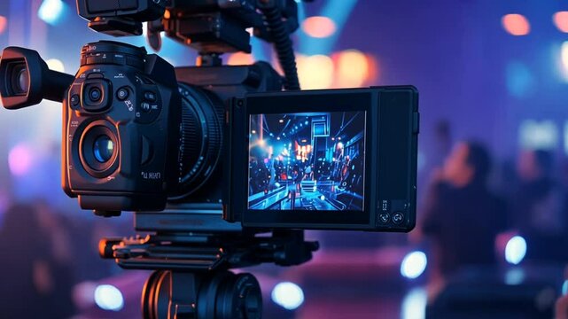 A video camera is positioned in front of a television screen, capturing the scene playing on the screen.