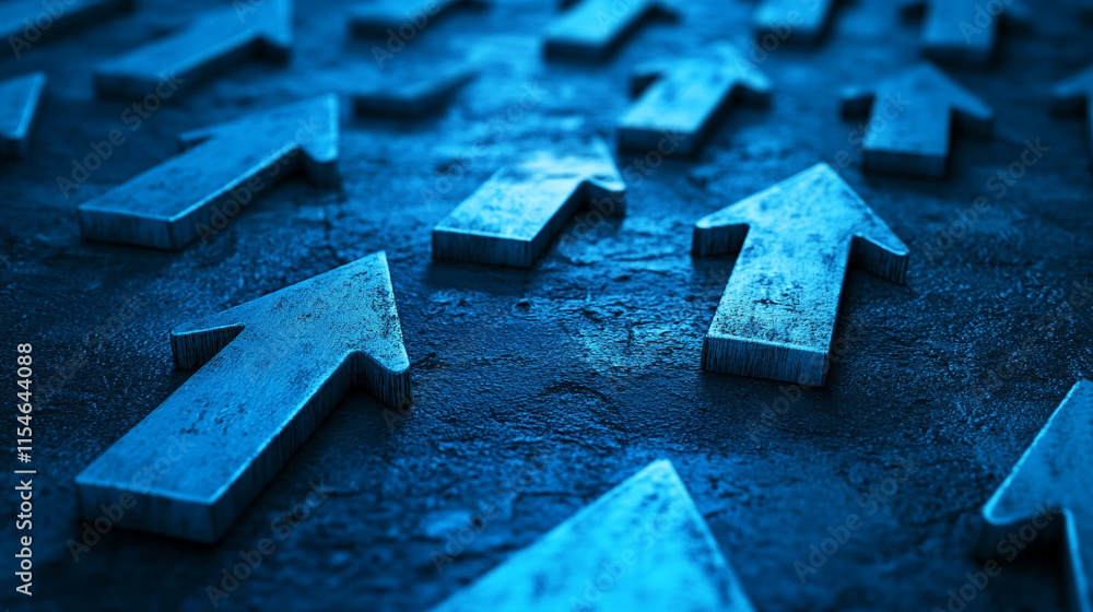 Poster blue arrows pointing upwards on a textured surface create a dynamic visual effect in a creative desi