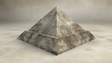 A weathered stone pyramid stands alone on a dusty plain.