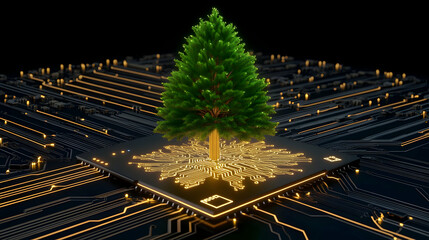In the digital age, a glowing tree with branches that resemble circuits growing from a microchip represents the union of technology and nature.
