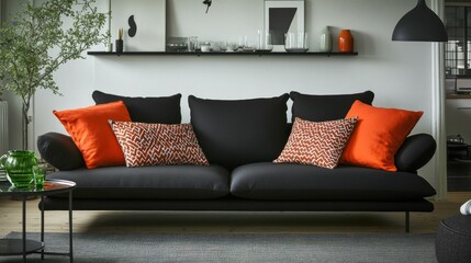 Modern living room with black sofa and orange pillows.