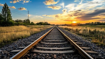 Sunset over Railroad Tracks. Concept of Journey, Travel, and Freedom.