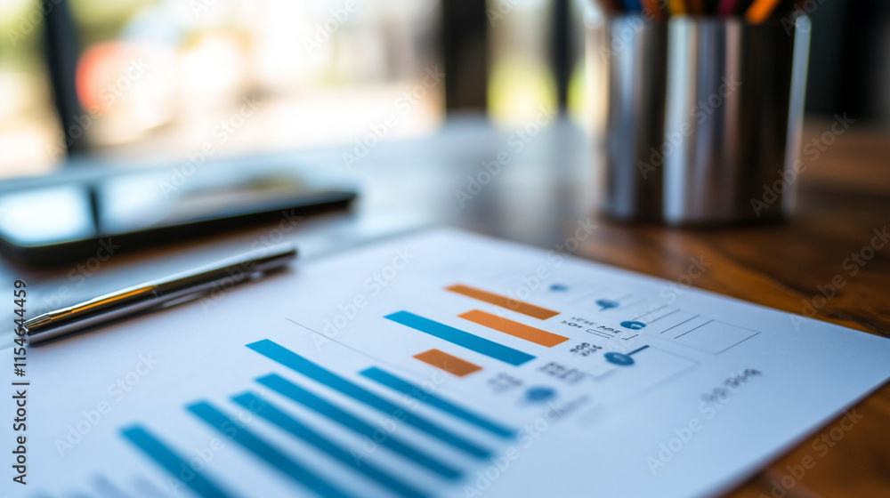 Aufkleber analyzing data trends with charts and graphs on a wooden desk in a bright office environment.