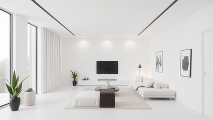 Fototapeta premium Modern living room with wooden ceiling beams, white walls, large windows, minimalistic furniture, and green plants, creating a bright and serene atmosphere. Generative, AI,