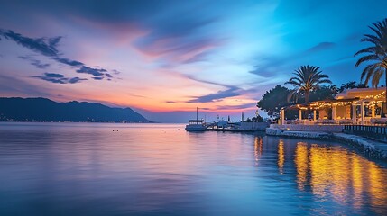 Fototapeta premium Sunset over the Adriatic Sea. Coastal Restaurant at Dusk. Tranquil Seaside Scene.