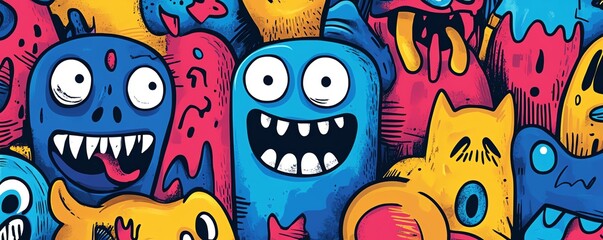 Graffitiinspired abstract cartoon monsters, strange beings, and ghosts in a handdrawn doodle pattern, bold lines and vibrant colors