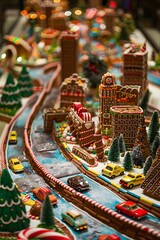 Whimsical Gingerbread Metropolis with Chocolate River and Trees