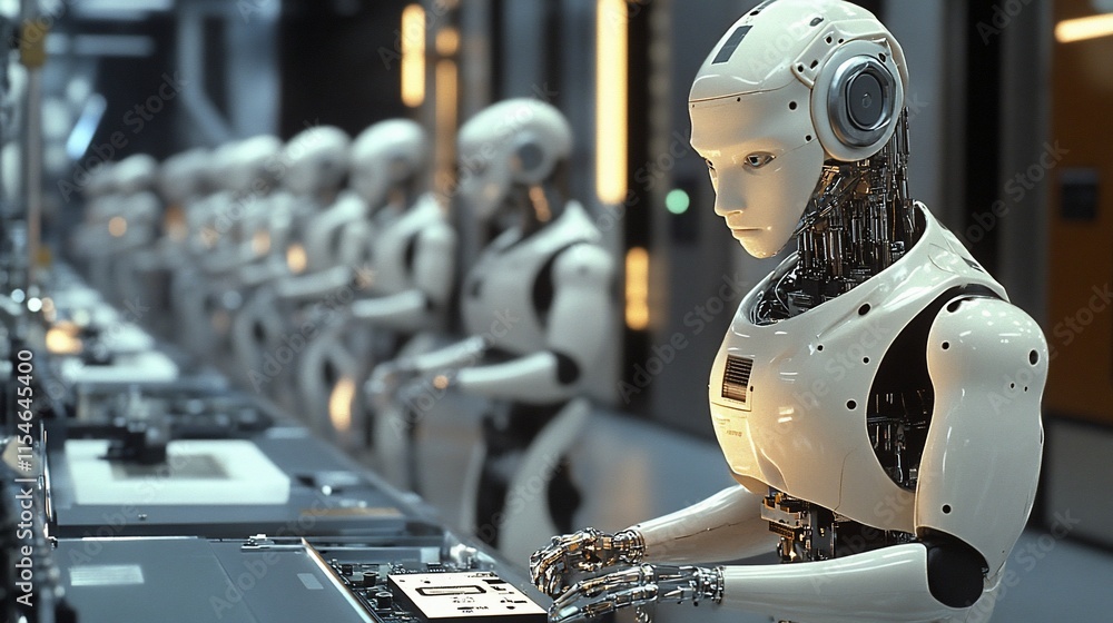 Poster robots assembling in a futuristic industrial setting, showcasing advanced technology.