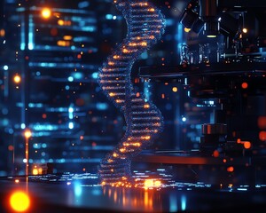 Obraz premium Microscope lens zooming in on a macro image of DNA strands