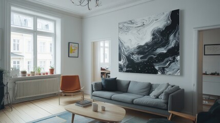 Modern living room with large abstract art, gray sofa, and orange armchair.