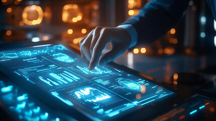 High-tech analysis in a modern workspace with advanced touchscreen interface displaying data metrics and visualizations.