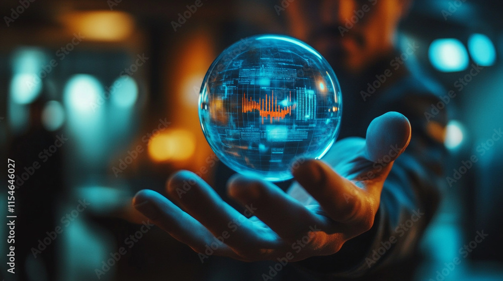 Poster mysterious figure holds a glowing orb with intricate designs in a dimly lit futuristic environment a
