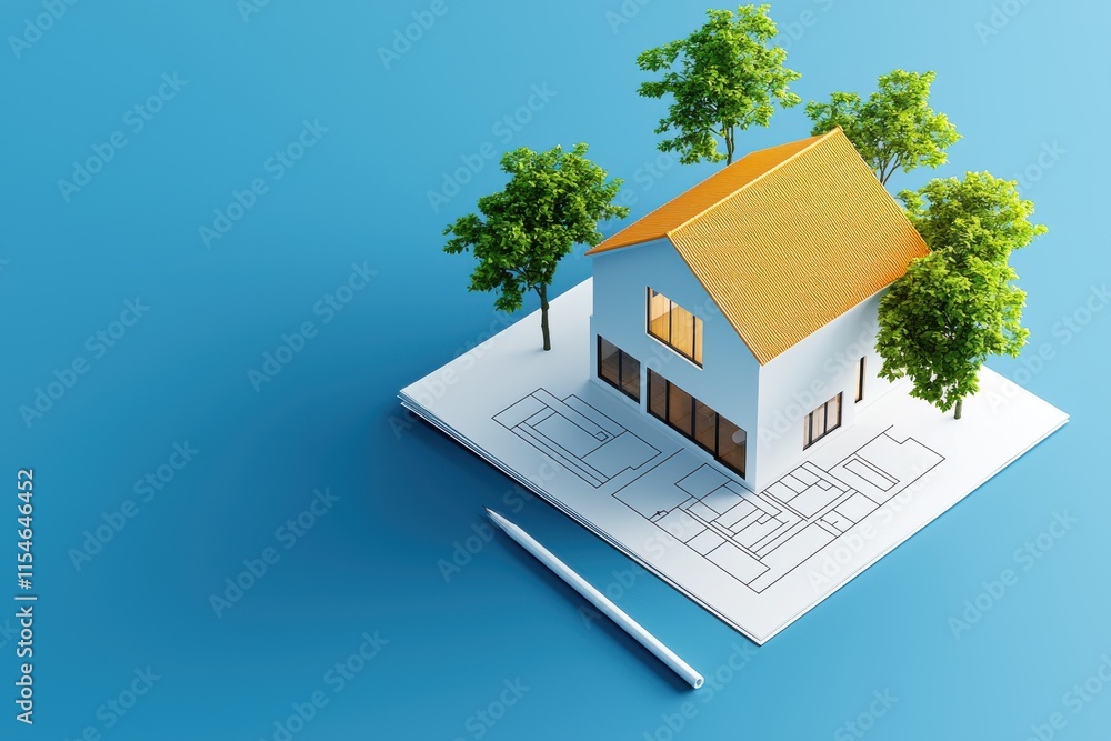 Poster architecture and improvement concept. 3d model of a house on a blueprint with trees, symbolizing arc