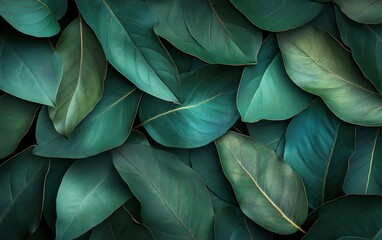 Abstract background of green mint leaves, showcasing intricate tropical leaf textures, with a fresh and vibrant nature aesthetic