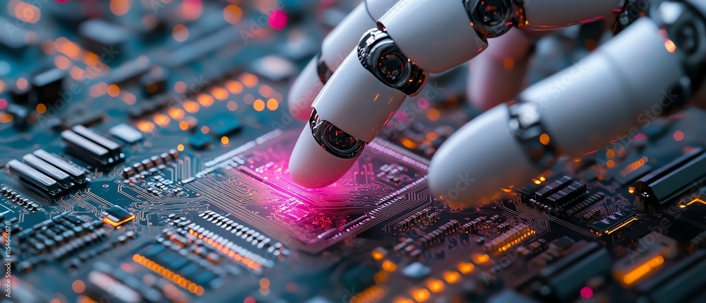 Aufkleber closeup of a robot finger interacting with a computer chip circuit, showcasing futuristic digital te