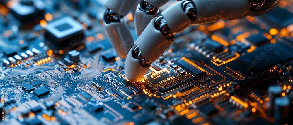 Poster closeup of a robot finger interacting with a computer chip circuit, showcasing futuristic digital te