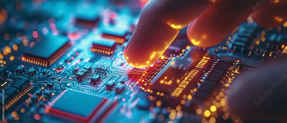 Poster closeup of robotic finger interacting with a computer chip circuit, highlighting advanced technology