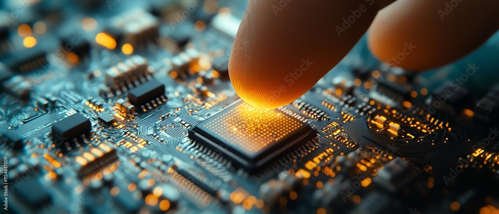 Poster closeup of robotic finger interacting with a computer chip circuit, highlighting advanced technology
