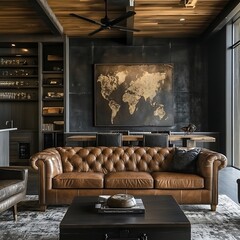 Cozy Modern Living Room with Brown Leather Sofa and World Map Art
