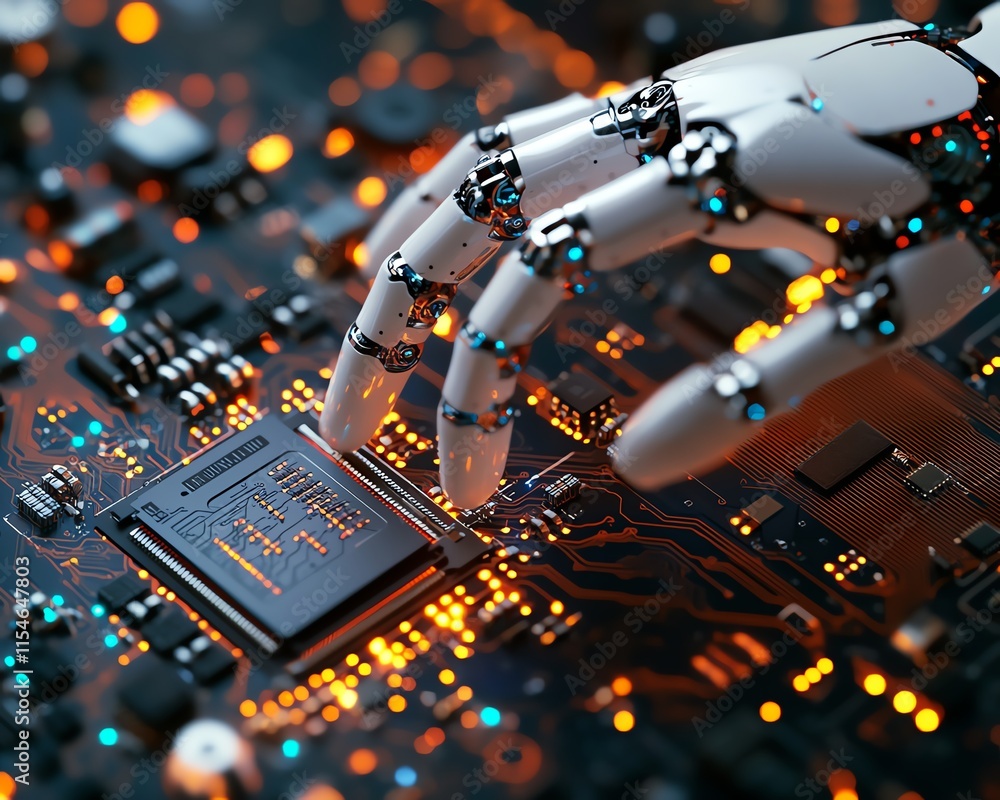Poster futuristic robot finger gently touching a computer chip circuit, focusing on advanced digital techno