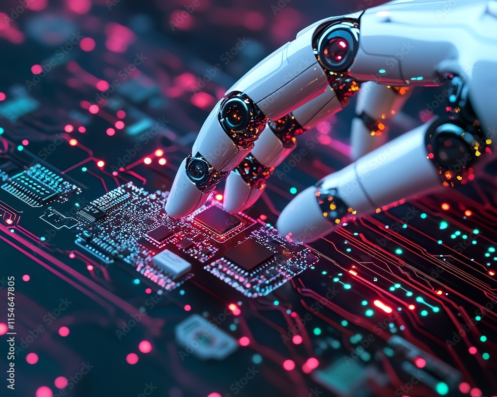 Poster futuristic robot finger gently touching a computer chip circuit, focusing on advanced digital techno