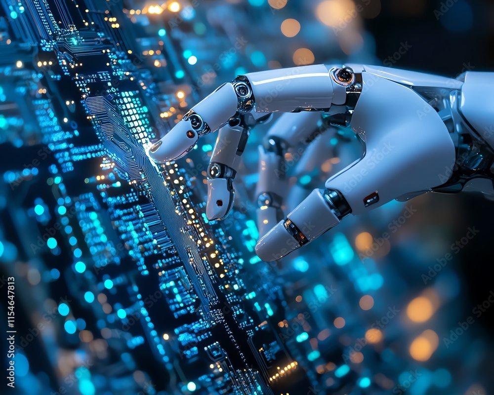 Poster futuristic robot finger gently touching a computer chip circuit, focusing on advanced digital techno