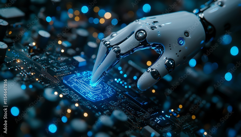 Poster futuristic robot finger making contact with complex computer chip circuits, symbolizing advanced dig