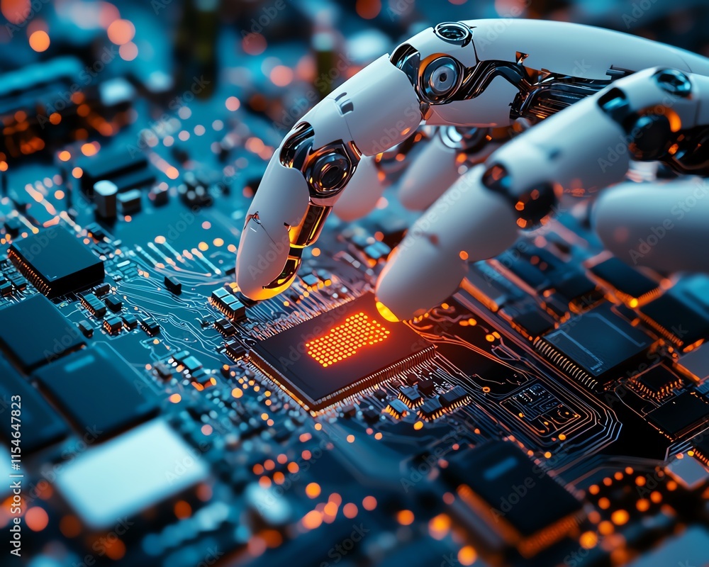 Poster futuristic robot finger gently touching a computer chip circuit, focusing on advanced digital techno