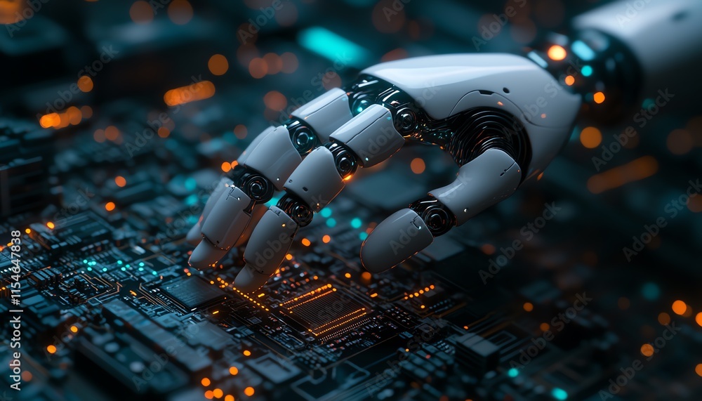 Poster futuristic robot finger making contact with complex computer chip circuits, symbolizing advanced dig