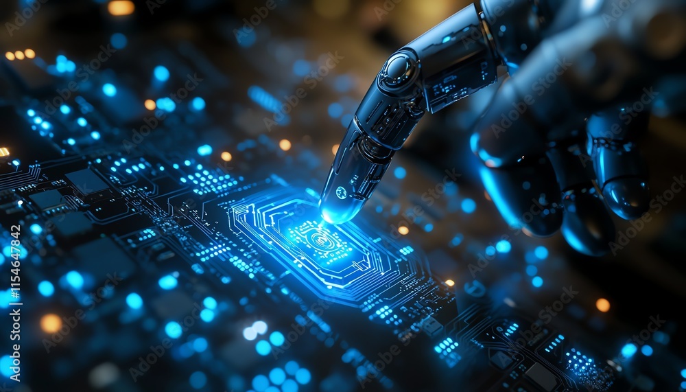 Poster futuristic robot finger making contact with complex computer chip circuits, symbolizing advanced dig