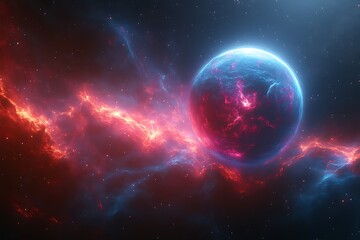 Obraz premium Fiery nebula envelops a glowing blue planet.