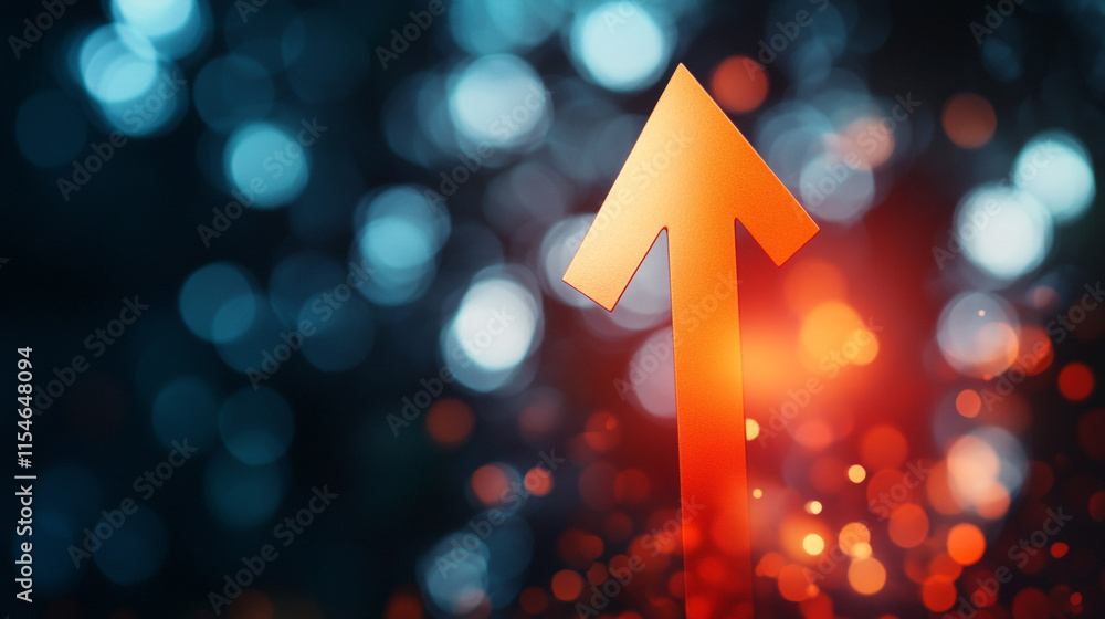 Poster bright arrow pointing upwards against a blurred bokeh background with soft light reflections in a dy