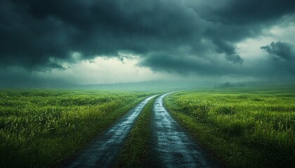 Heavy storm with dark clouds and pouring rain on a road running through green fields, showcasing the raw energy of a powerful weather system