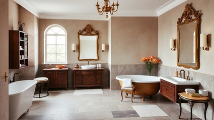 Fototapeta premium Elegant bathroom with classic decor, a freestanding tub, ornate mirrors, chandeliers, and wooden cabinetry, creating a luxurious and timeless atmosphere. Generative, AI,