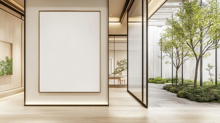 Modern minimalist interior with blank canvas and courtyard view.