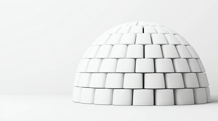 A minimalist igloo structure made from white blocks, set against a plain background, emphasizing simplicity and geometric design.