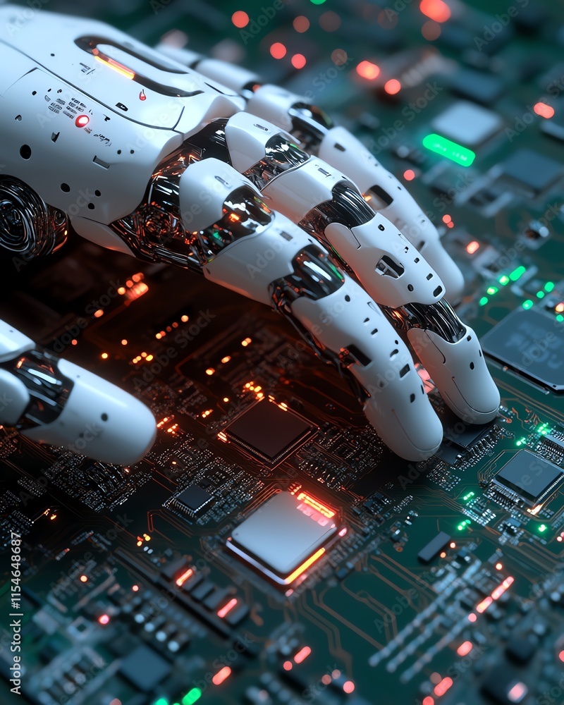 Poster robot finger delicately touching the surface of a computer chip, emphasizing digital technology, ai 