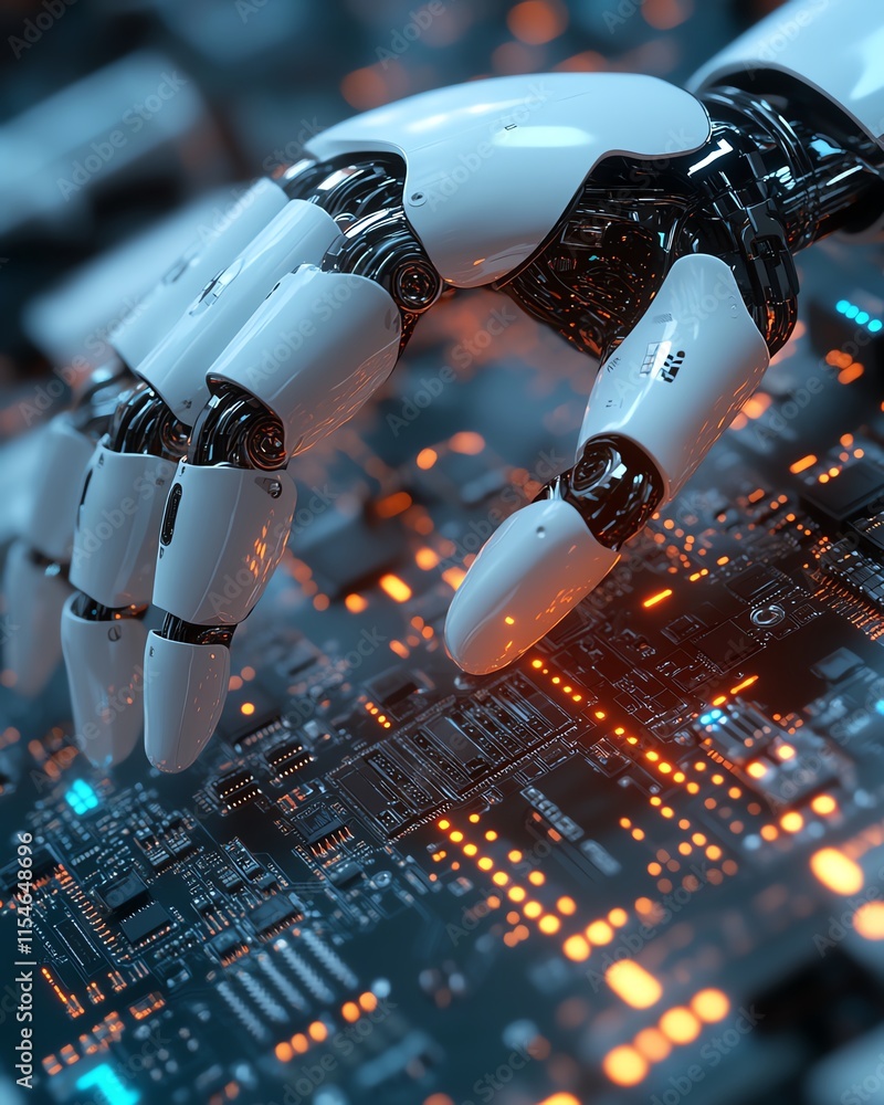 Aufkleber robot finger delicately touching the surface of a computer chip, emphasizing digital technology, ai 