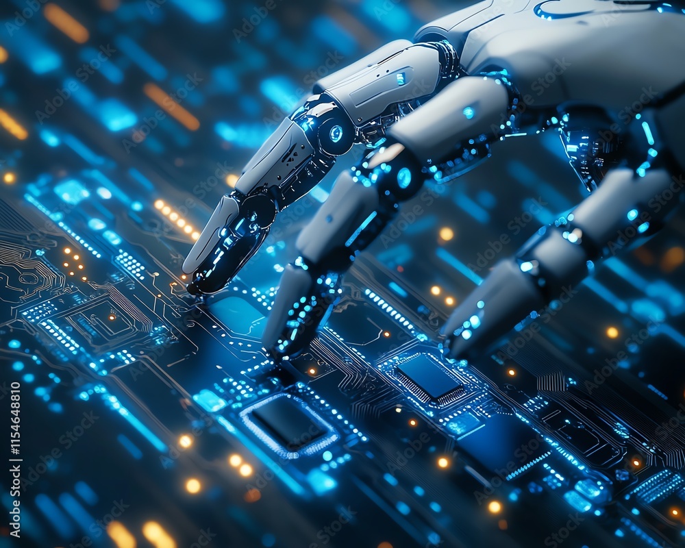 Poster robot finger touching a digital circuit board with intricate computer chip details, representing cut
